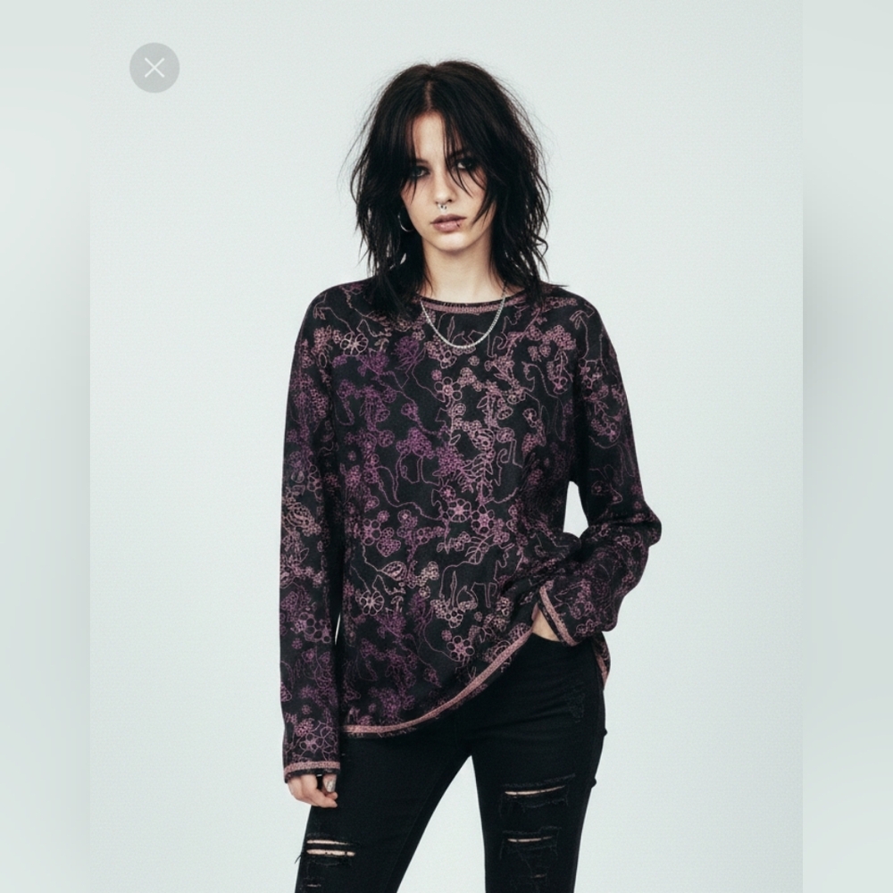 Cuddl Duds Top Black Pink Unicorn Casual Fairy Goth Punk L